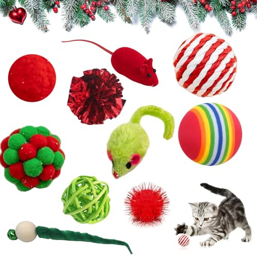Valicaer Weihnachts Katzenspielzeug,10Pcs Weihnachts Interaktives Katzen Spielzeug Kätzchenspielzeug für den Innenbereich Kätzchen Beißspielzeug Verschieden Spielzeuge Mäusen,Bällen,Glocken Zauberstab