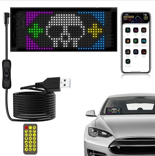 17x7 CM Car LED Sign - Bluetooth App/Remote Control Flexible Programmable Car LED Interior Lights, USB 5V Cars Custom Text Pattern Display Board Matrix Panel, Cars Gadgets Men/Bar Party/Window/Door