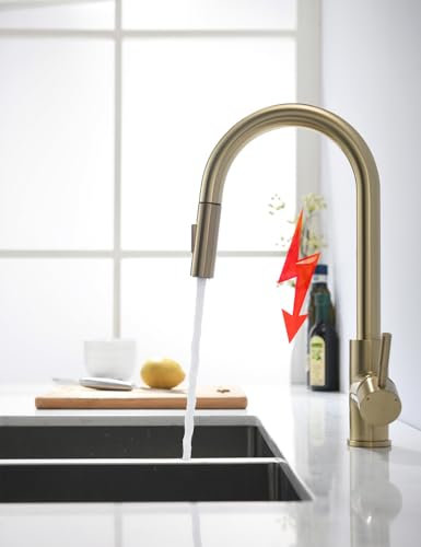 TIMACO Gebürstetes Gold Niederdruck Küchenarmatur mit Ausziehbare Brause Wasserhahn Küche 360° Schwenkbar Mischbatterien für Küche Armatur,Niederdruck Spültischarmatur