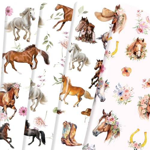 Sitsink Geschenkpapier mit Pferden, Western-Geschenkpapier, Cowboy-Geschenke, Geschenkpapier für Geburtstagsparty, Babyparty, Hochzeit, Urlaub, Valentinstag, Muttertag, 12 Blatt