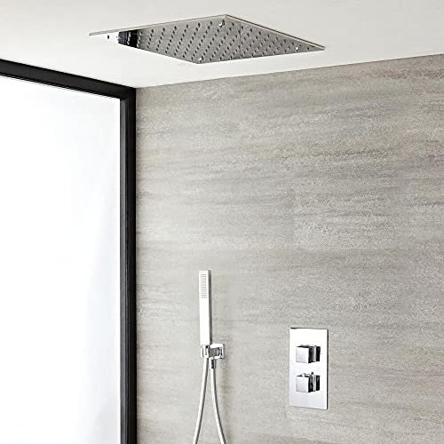 Mice - Conjunto para ducha con un rociador de techo de diseño moderno con efecto lluvia y el rociador de 30x30cm, mango cuadrado - Griferia de baño - Duchas empotradas techo con griferia Termostatica