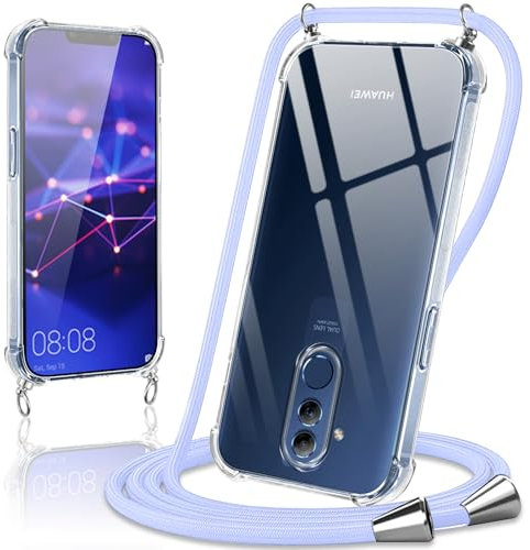 Coiwxmoi Handyband Handyhülle für Huawei Mate 20 Lite Hülle mit Band 6,3,Transparent Case mit Kette Abnehmbar zum Umhängen Kordel Schutzhülle,Weich Silikon TPU Stoßfest Cover für Mate 20 Lite,Lila