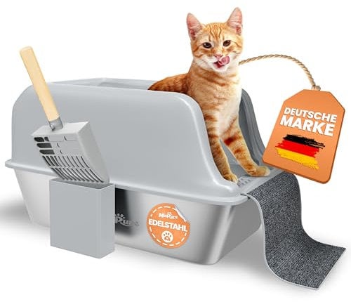 MiaPure® Edelstahl Katzenklo XXL – Premium Katzentoilette mit Streuschaufel, Spritzschutz und Anti-Streusystem – Geruchsresistent, hygienisch und ideal auch für große Katzenrassen