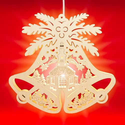 SIKORA FB01 beleuchtetes Deko Holz Fensterbild für Weihnachten Motiv Doppelglocke Kirche Stern H:28cm