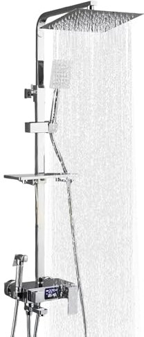 Sistema de ducha termostático inteligente con pantalla digital, juego de ducha de acero inoxidable, cabezal de ducha de lluvia de 4 funciones + pulverizador de mano, antiquemaduras y fácil