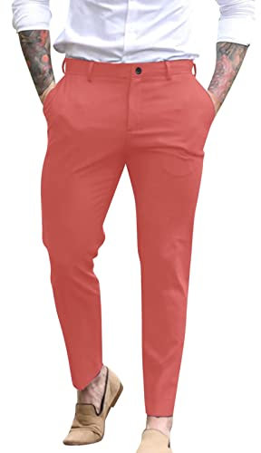 LinRim Pantalon chino stretch pour homme - Pantalon en tissu confortable - Coupe ajustée - Élégant - Confortable et pratique - Pour le travail et les loisirs, Rose/Nice, L