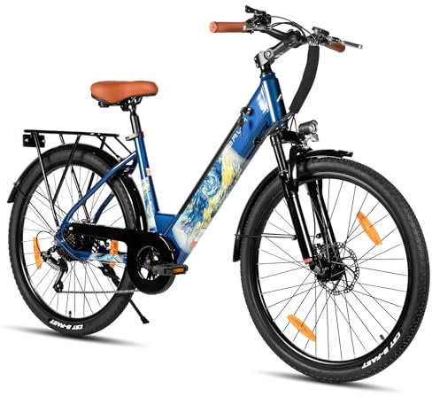 Hiland 26 Zoll 250W Elektrofahrrad, Elektro Citybike mit 36V 10.4Ah Akku, 7 Gang Elektrofahrrad für Männer Frauen mit Hartstahl Rahmen, Blau City Pendlerfahrrad für Erwachsene
