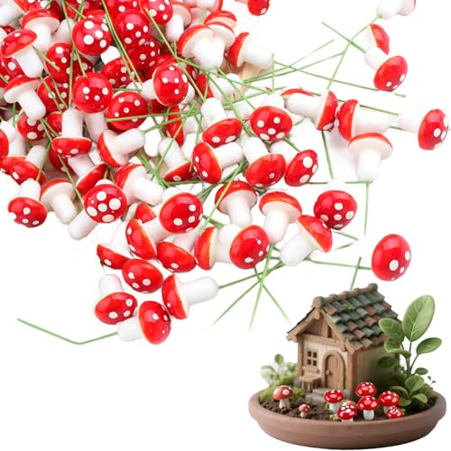 Werownsgso 30 Stück Dekorationen 2 X 1,5 cm Mini-Rote Pilze Basteln Miniatur-Pflanzenstatue Giftige Pilzseide Geeignet Für Mikro-Landschaftsgarten-Dekoration Feengarten-Ornamente DIY Topfpflanzen