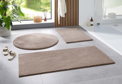 Taracarpet Badematte Uni Boho rutschfest, waschbar, Badezimmer-Teppich, Bad-Vorleger, WC Deko, Duschvorleger für Dusche und Badewannen weich und als Set kombinierbar Sand 080 cm rund