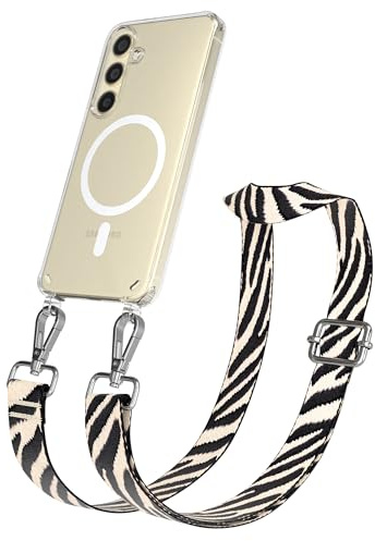 EAZY CASE Handykette - Verstellbares Taschenband kompatibel mit Galaxy S24, Schulterriemen, Handykordel mit Silikon Hülle, Qi Charging kompatibel, Umhängetasche, Zebra - Schwarz Beige Metall Silber