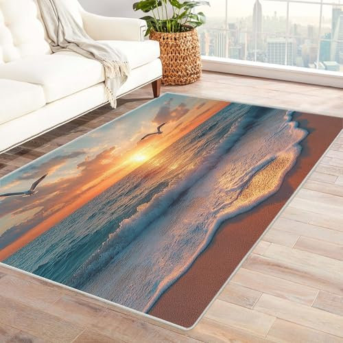 AMXBZC Teppich Wohnzimmer Schlafzimmer Kurzflor Goldener Sonnenuntergang Muster Skandinavisches Boho Muster,Geometrisch Motiv Einfarbig Weich Modern Waschbar Teppiche(Grün)-60x90cm