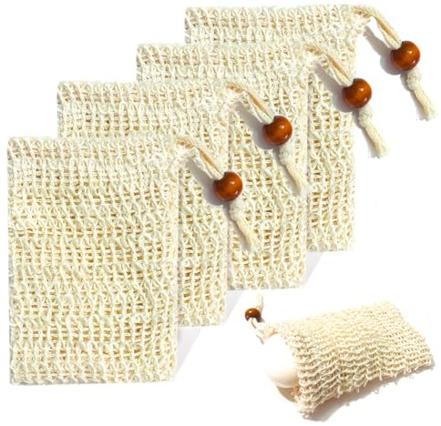 Seifensäckchen 4 Stück Sisal Seifenbeutel, Feste Seife Seifenbeutel Seifennetz Festes Shampoo Aufschäumen Für Bäder Massage Peeling Seifensäckchen (4 Stück)