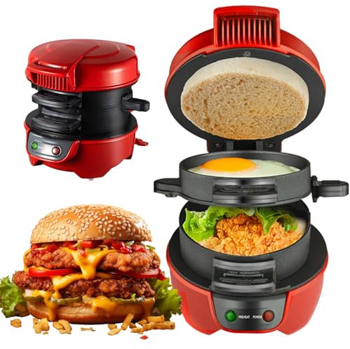 Breakfast Sandwich Maker, Hamburger Press Baking Machine with Easy to Clean Non-Stick Cooking Plates, Muffin Maker & Grilled Sandwich Toastie Maker, Electric Burger Maker Machine red