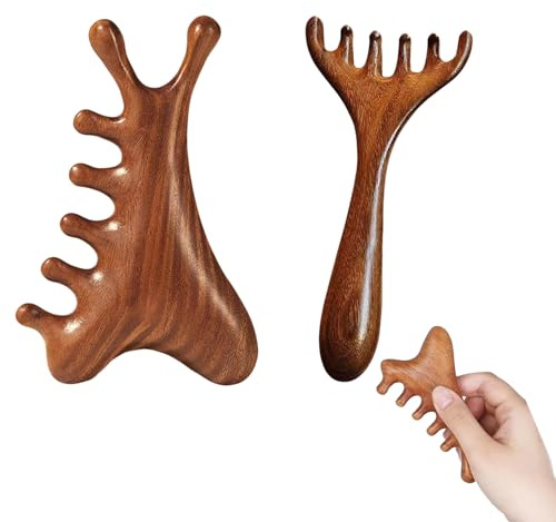 2 Packs Peigne Massant Bois Naturel pour Cuir Chevelu, Brosse Massage Multifonction - Massage Crâne, Visage et Corps, Marron