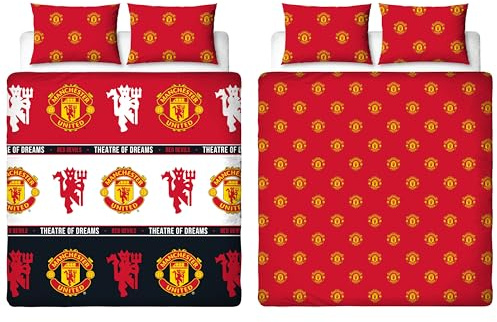 MANCHESTER UNITED FC Official Double Duvet Cover Set, Patch Design, Red Reversible 2 Sided Football Bedding Cover Official Merchandise Including Matching Pillow Cases