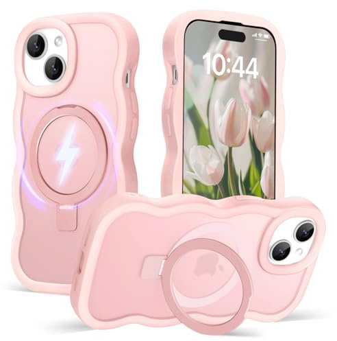 Amzfield for iPhone 13/14 Case with Stand for Magsafe Wavy Frame, Pink