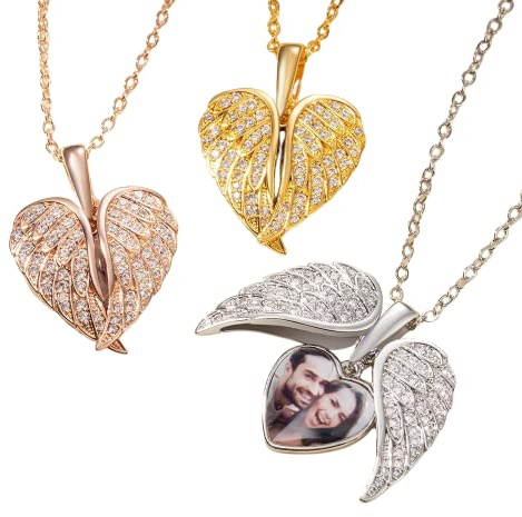 Collana con Ciondolo Ali Angelo in Argento Sterling 925 - Medaglione Cuore Personalizzabile con Foto - Gioiello Memoria per Donna - Regalo Personalizzato per Mamma Nonna Moglie - Collana Portafoto