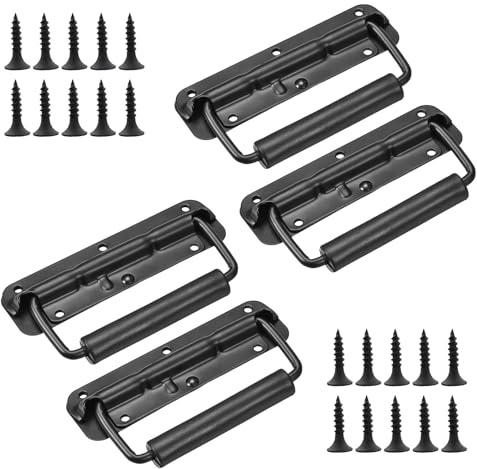 BJHYIZ 4 Stück Schwarz Klappgriff 140mm, Hardware Boxen Bügelgriff mit 20 Schrauben Gefedert Kistengriff Metall Griffe Mit Frühling Tragegriff für Kisten Toolbox Lautsprecherboxen Tür