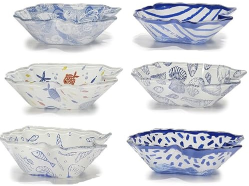 Set 6 Ciotole a Forma di Conchiglia in Vetro Piatti per Aperitivo e Buffet Tema Mare 6 Fantasie Assortite Blu e Bianco L16xP15,5xH4 cm Ideale per antipastiere Tavola Elegante professionali Horeca