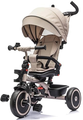 MonTrike Triciclo Explorer Gioco Evolutivo da 12 mesi a 5 anni Reclinabile 4 in 1 fino a 25 kg Sedile Girevole con Accessori e Ruote in Gomma Eva (Cappuccino)