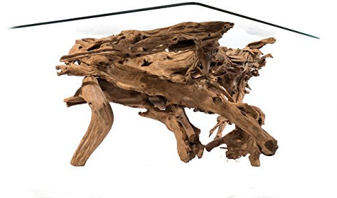 Windalf Großer Couchtisch Layla l: 135 cm Rustikaler Wohnzimmertisch mit Glasplatte Unikat Handarbeit aus Wurzelholz