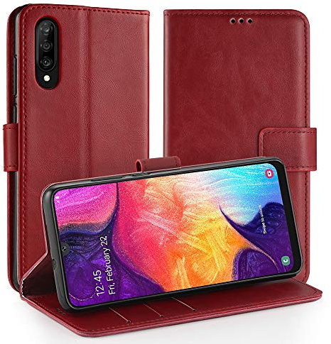 Simpeak Hülle Kompatibel mit Samsung Galaxy A50 [6,4 Zoll], Handyhülle Kompatibel für Samsung A50 Leder Flipcase [Kartensteckplätze] [Stand Feature] [Magnetic Closure Snap] - Rot
