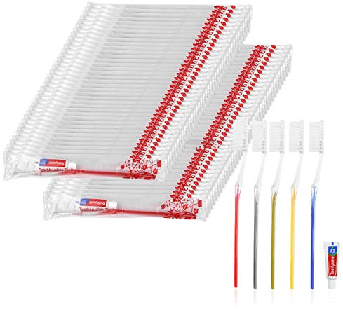 Einmal Zahnbürsten,100 Packungen Einwegzahnbürsten Mit Zahnpasta Set Einzeln Verpackt für Hotel/Camping/Pflegeheim/Wohltätigkeit (5 Farben)