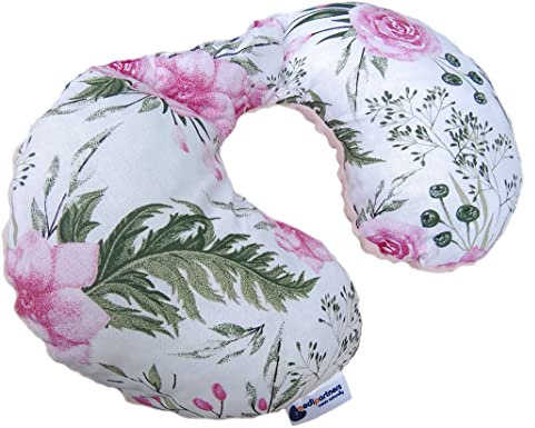 Medi Partners NACKENKISSEN Kinder Nacken Nackenstütze 100% Baumwolle/Minky Baby Nackenhörnchen für auto Kinderwagen autofahrt reisen Schlaf Hals kissen Schlummerrolle (Blument mit hellrosa Minky)