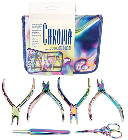 The Beadsmith 6-Piece Chroma Set - Jewelry-Making Tools Kit, Rainbow Titanium Finish, Includes 4 Pliers w/Tweezers and Scissors, Matching Case Included
