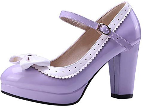 Etebella Damen Lack High Heels Plateau Pumps mit Blockabsatz und Riemchen Schleife Vintage Mary Jane Schuhe (Lila,41)