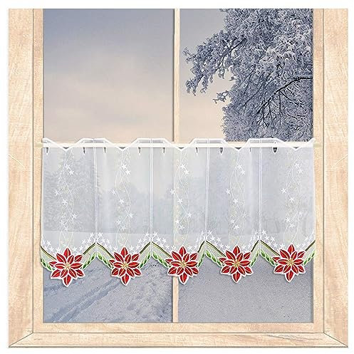 atelier alles-Spitze Weihnachts-Scheibengardine Eleganter Weihnachtsstern | Hochwertig bestickte Kurzgardine aus weißem halbtransparentem Voile | Höhe x Breite 35 x 64 cm