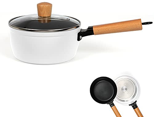 Stielkasserolle mit Deckel Induktion - Stieltopf Klein 18 cm mit Holzgriff - Kochtopf Beschichtet mit Stiel Induktionsgeeignet - Milchtopf mit Glasdeckel - Kasserolle in Weiß