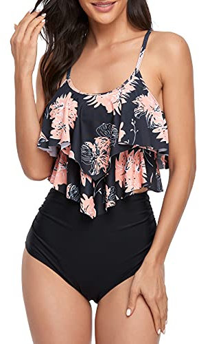 FLYILY Maillot de Bain Tankini pour Femme Haut Double à Volants Taille Haute Maillots de Bain 2 pièces Maillots de Bain(1-BlackFlower,M)