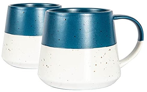 Nicola Spring Ceramic Coffee Mugs Set - 370ml - Pack of 2 Navy Dipped Flecked Stoneware Coffee Cups Dishwasher & Microwave Safe Large Tea Mugs for Hot Drinks, Hot Chocolate, Tea