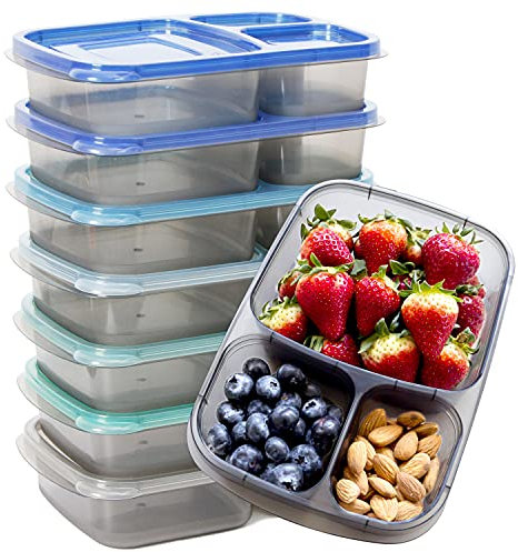 Youngever 7 Pack Bento Lunch Box, Meal Prep Containers, Re-usable 3 Compartment Plastic Divided Food Storage Container (Coastal)