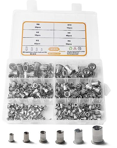 220PCS Écrous Aveugles Ecrou Rivet Ecrous à Riveter Acier Inoxydable Insert Fileté Écrou à Sertir Tête Plat M3 M4 M5 M6 M8 M10, de Réparation de Fixation Accessoire