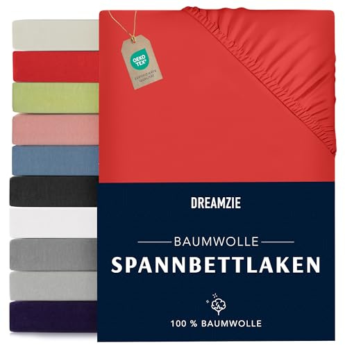 Dreamzie - Spannbettlaken - 100x200cm - 100% Baumwolle Jersey | Rot · Leintuch mit Rundumgummi · Spannbetttuch bis 22cm Steghöhe · Oeko-Tex zertifiziert · Einzelbett