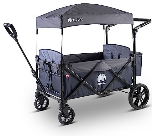 elvent® Allrounder City Bollerwagen - faltbar mit Dach | Sitzpolster, Hecktasche, Feststellbremse, 5-Punkt-Gurt I 2 Kinder (Blau)