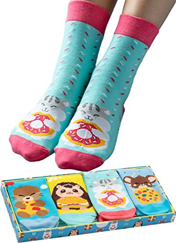corimori Witzige, lässige Anime Baumwolle Socken 4er Set in plastikfreier Geschenk-Verpackung, Hamster, Otter, Igel, Maus, 36-42
