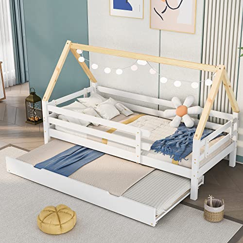 FEZTOY Kinderbett 200x90cm, Hausbett mit Rausfallschutz, Ausziehbett, Spielbett für Jungen & Mädchen, Einzelbett Tagesbett Massivholz Kinder Bett