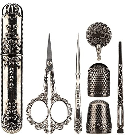 CUEI Stickscheren-Kit, Vintage-Nähscheren-Set aus Edelstahl im europäischen Stil, Antikes Vintage-Nähset mit Nähnadeletui & Fingerhut zum Basteln, Nähen, Handarbeiten, Basteln(Silber)