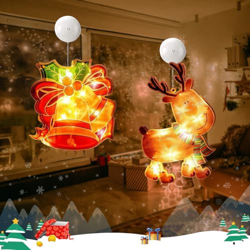 2 Pezzi Luci di Natale da Interno 3D, Decorazioni Natalizie Luminose per Finestre, Illuminazione di Natale Lampada da Finestra Ventosa, Decorazioni Natalizie Americana Casa Interno (Campana/Renna)