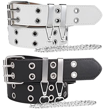 ACMEDE 2 Stück Gürtel mit Nieten Unisex Mädchen Damen Doppelloch Nietengürtel Punk Ledergürtel Nieten Schwarz Ösengürtel mit Kette Cosplay Gürtel Leder Hip Hop Gürtel mit ösen,90cm (schwarz + weiß)