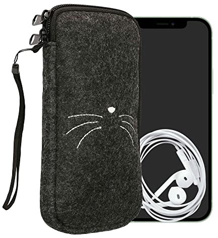 kwmobile Handytasche für Smartphones XL - 6,7/6,8 - Handy Filztasche - Katze MIAU Weiß Dunkelgrau - 17,2 x 8,4 cm Innenmaße