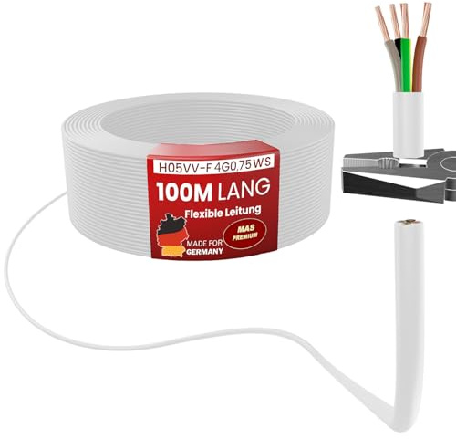 MAS Premium Von 5 bis 100m Kunststoffschlauchleitung H05VV-F 2, 3, 4 oder 5 x0,75; x1; x1,5 oder x2,5 Flexible Leitung Kabel Leitung Gerätekabel (H05VV-F 4G0,75 WS, 100m)