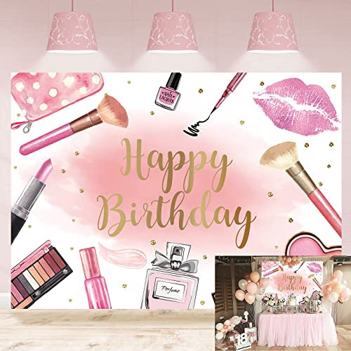 TENCOW Toile de fond rose fête sur le thème du spa ou du salon de maquillage « Happy Birthday » photographie de princesse,fille,femmes,cosmétiques,décorations de fête à thème (208,3x150cm) 20230310