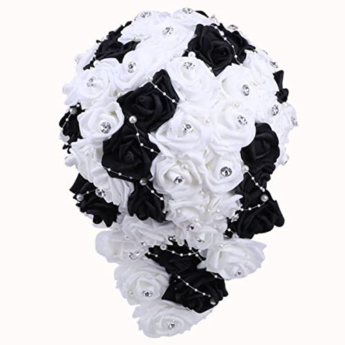 MUNACRAFT Bouquet Lungo A Cascata Per La Decorazione Di Nozze PE Fiore Bouquet Da Sposa E Damigella D'onore Accessori Romantici Forniture Per Matrimoni-Nero Bianco,Diametro 17 Cm