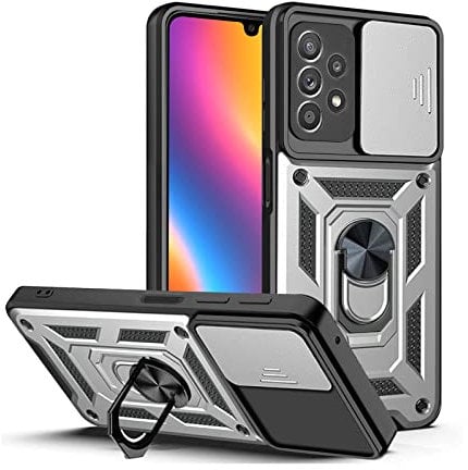 LBH Armor Hülle für Samsung Galaxy A52 / A52 5G / A52s 5G Case mit Kameraschutz Outdoor Stoßfest Handyhülle 360 Grad Metal Ring Halter Ständer Schutzhülle für Handyhalterung Auto Magnet Silber