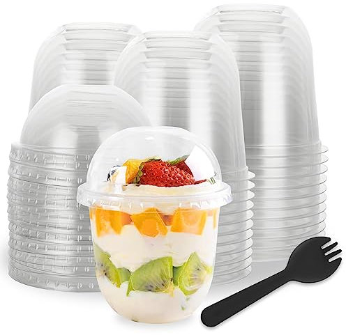 FWEEK 100 tazas de postre de 360 ml con tapa, vasos de plástico transparente con tapas, tazas de postre reutilizables con cucharas para fiestas, bodas