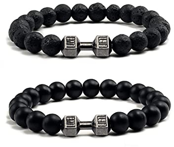 Schwarzes Charm-Hantel-Armband für Herren, 8 mm, natürlicher vulkanischer Lavastein, Stretch-Perlen, Armband, Fitnessstudio, Yoga, Angst, Perlenarmband, Fitness, Langhantel-Schmuck für Männer